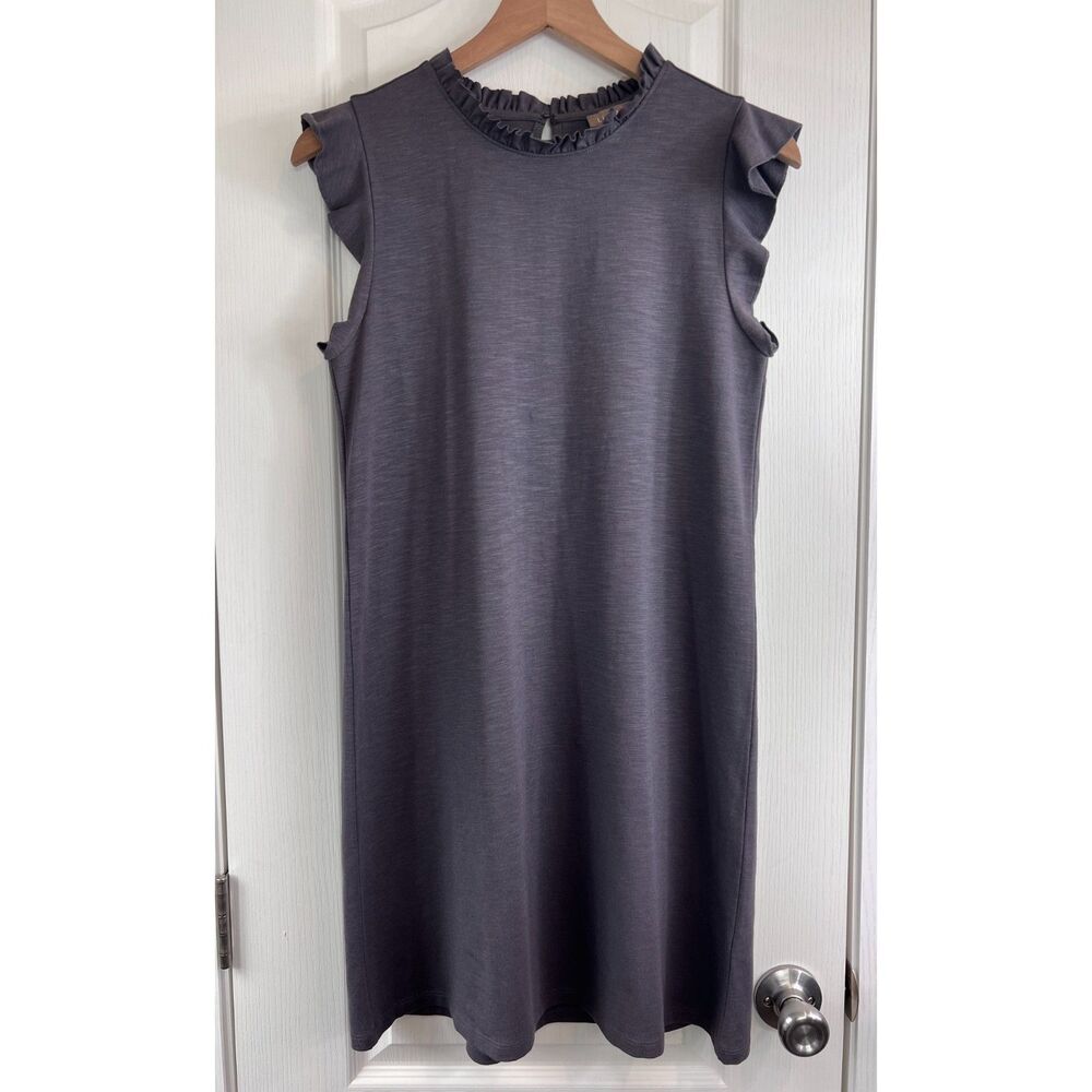 Lilla P Women's Ruffle Neck Dress Dark Gray Cotton Modal Stretch Size S